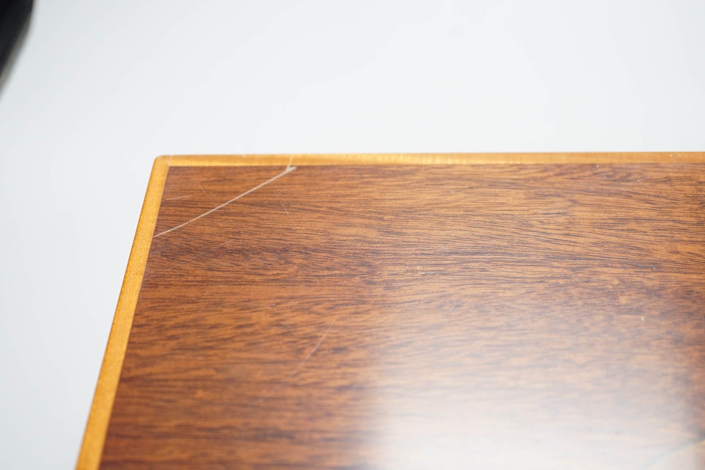 An inlaid mahogany writing slope with two silver-mounted inkwells, 39cm wide